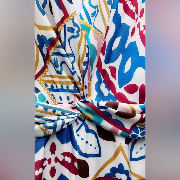 NEW Zara Satin Effect Abstract Print Wide Leg Jumpsuit Blue Yellow Red Small - Picture 9 of 10